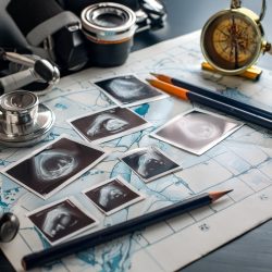 Firefly a nautical chart on a tabletop with a few ultrasound scan images scattered on top along with 250x250 1